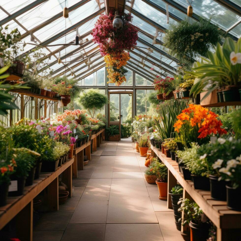 AI generated An image of a clean, modern greenhouse filled with rows of potted plants and flowers photo