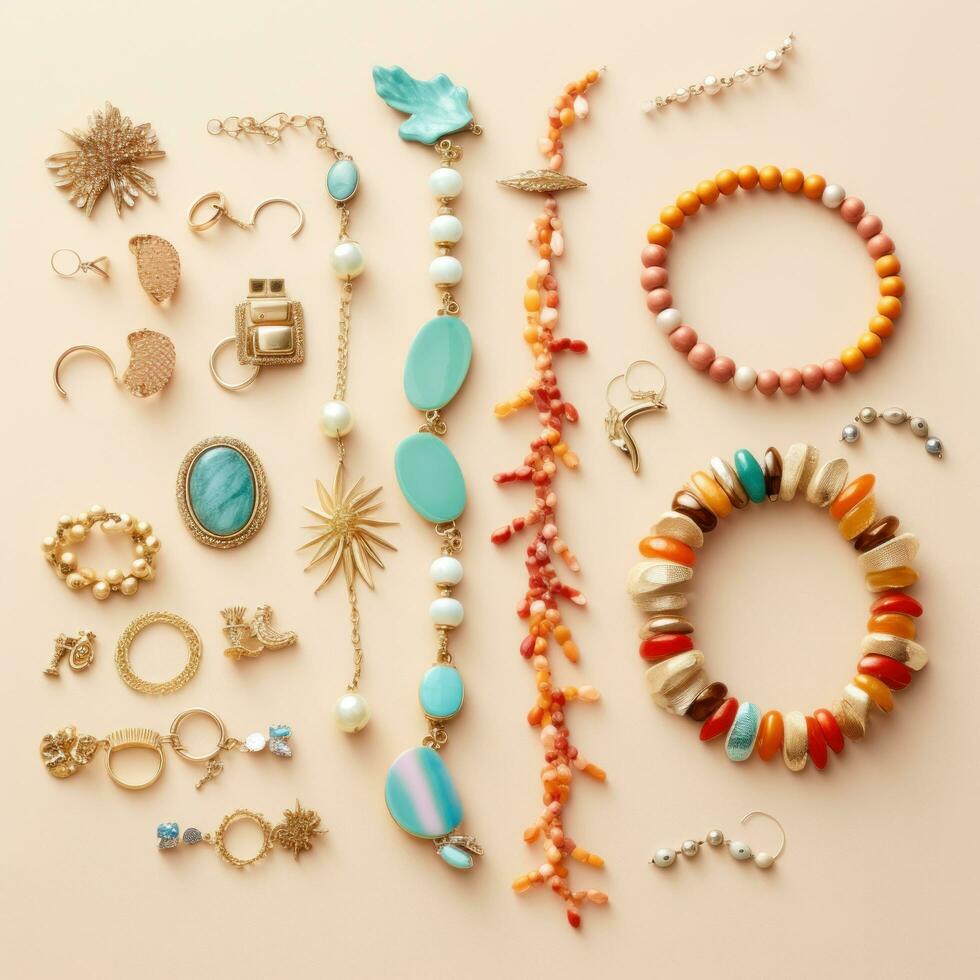 AI generated An overhead shot of a flat lay featuring a variety of colorful accessories like bracelets photo