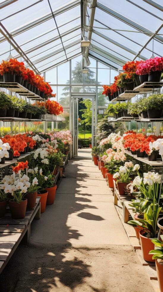 ai generado un imagen de un limpio, moderno invernadero lleno con filas de en conserva plantas y flores foto