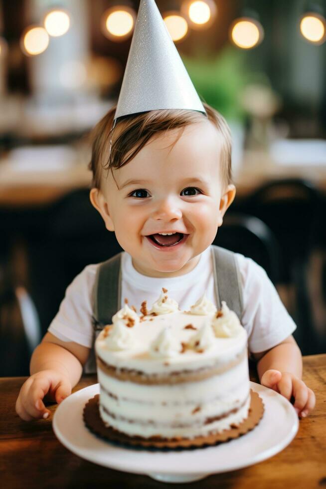 AI generated An adorable toddler wearing a party hat and holding a slice of cake photo