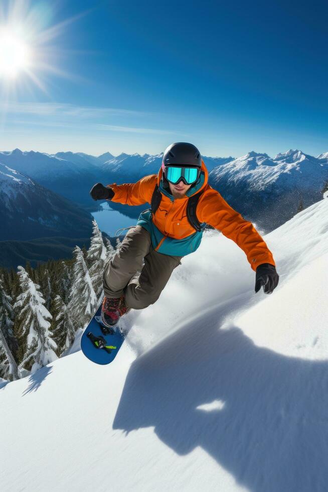AI generated A snowboarder performing a stylish grab trick while riding down a mountain photo