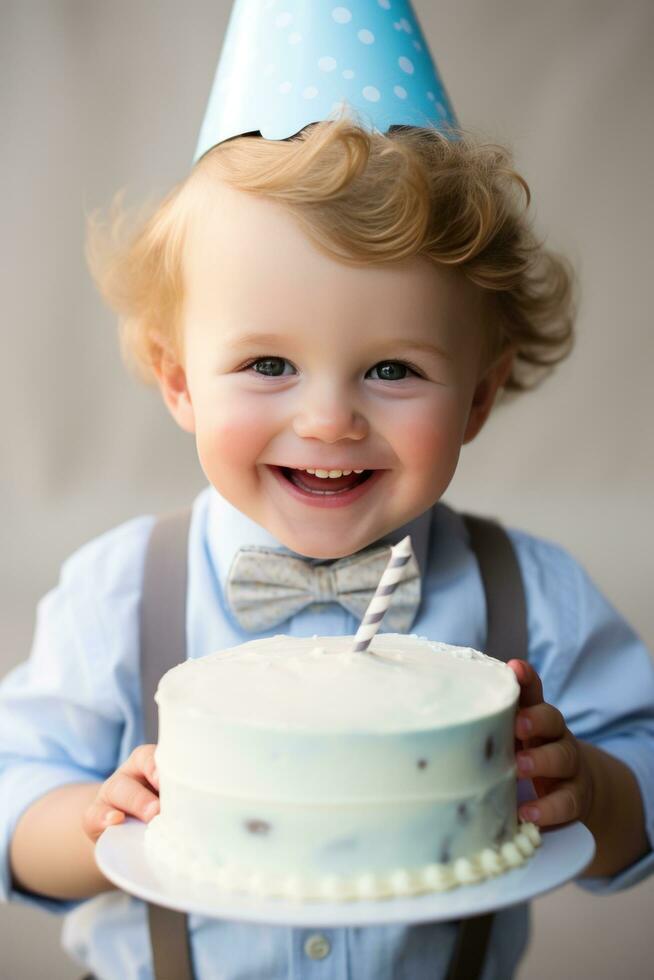 AI generated An adorable toddler wearing a party hat and holding a slice of cake photo