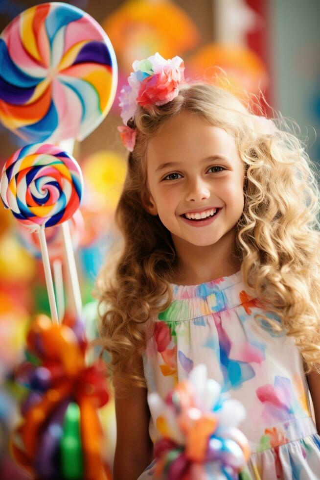 AI generated A young girl holding a giant lollipop and grinning happily photo