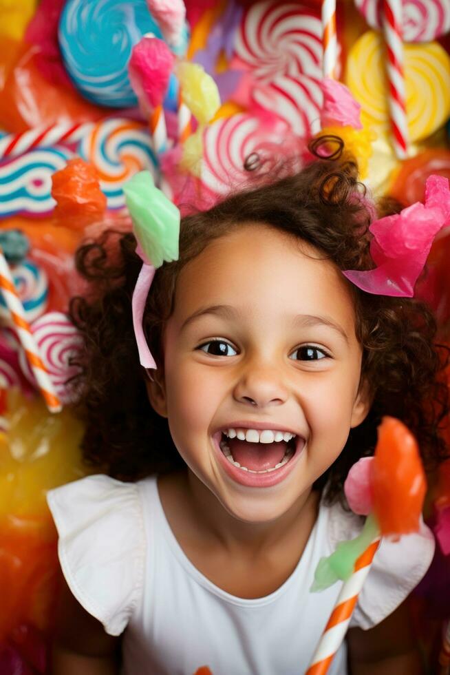 ai generado un joven niña participación un gigante pirulí y sonriendo felizmente foto