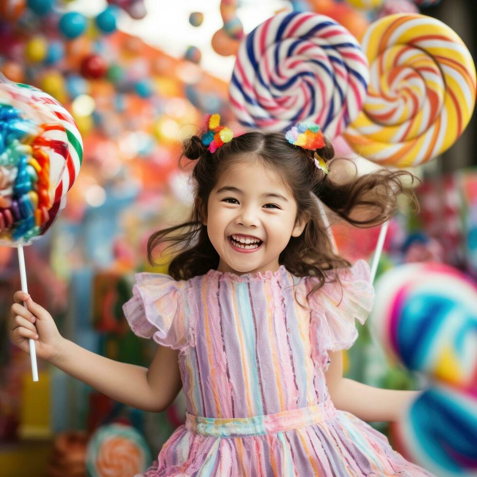 ai generado un joven niña participación un gigante pirulí y sonriendo felizmente foto