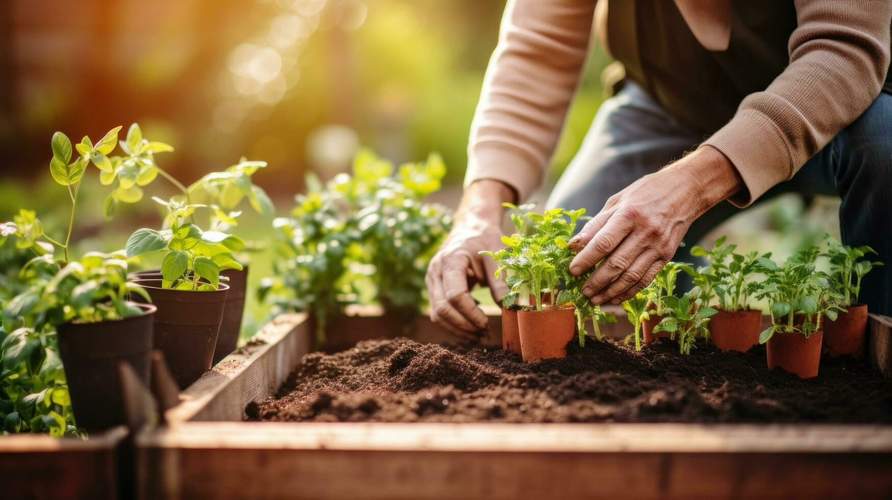 AI generated gardener kneeling in front of a raised garden bed, planting seeds photo