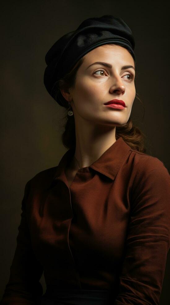 AI generated woman wearing a stylish beret, looking off into the distance with a thoughtful expression photo