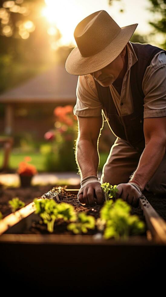 ai generado jardinero arrodillado en frente de un elevado jardín cama, plantando semillas foto