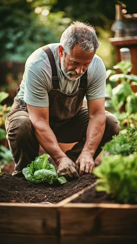 AI generated gardener kneeling in front of a raised garden bed, planting seeds photo