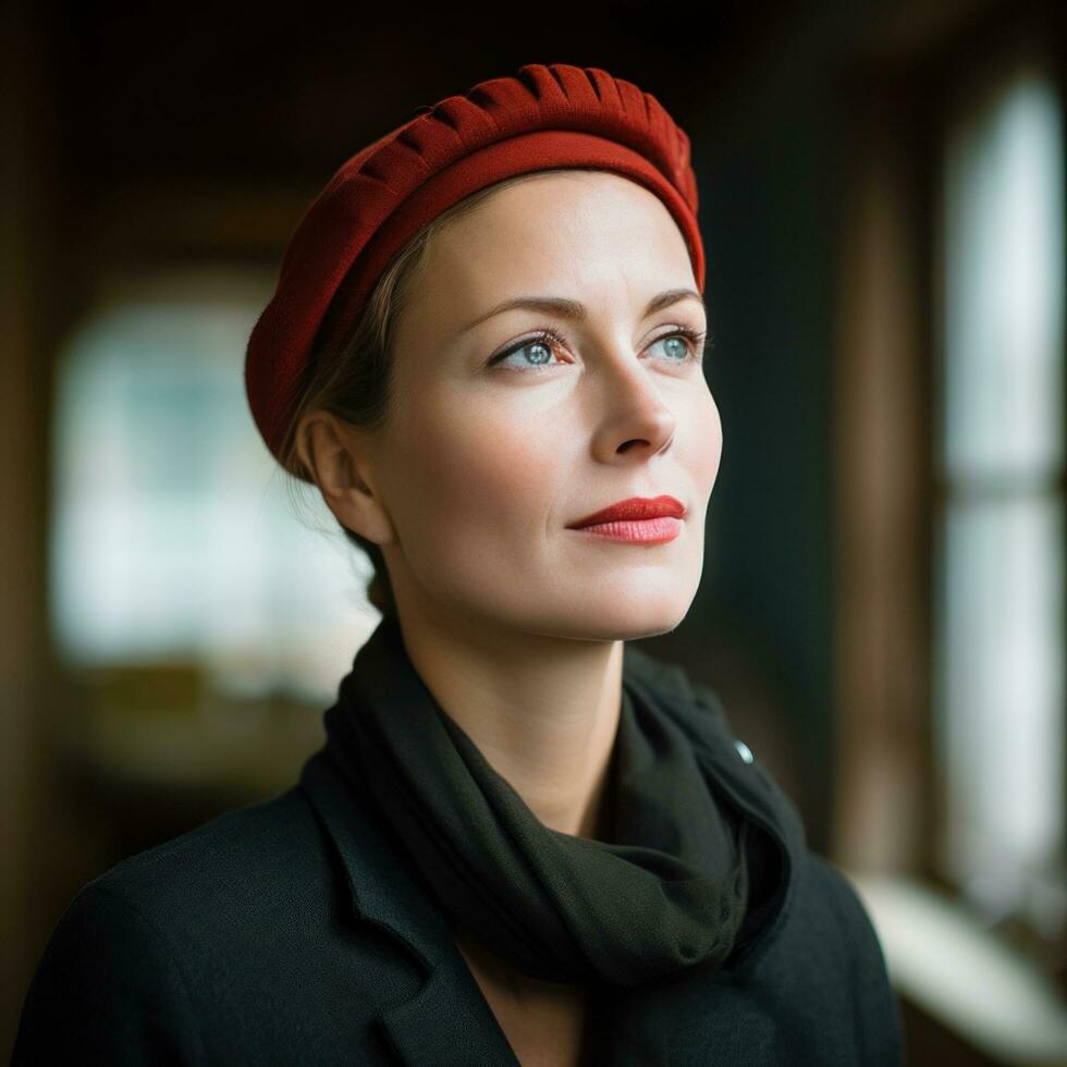 AI generated woman wearing a stylish beret, looking off into the distance with a thoughtful expression photo