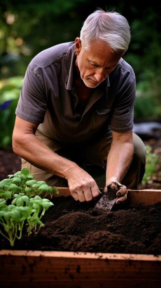 ai generado jardinero arrodillado en frente de un elevado jardín cama, plantando semillas foto