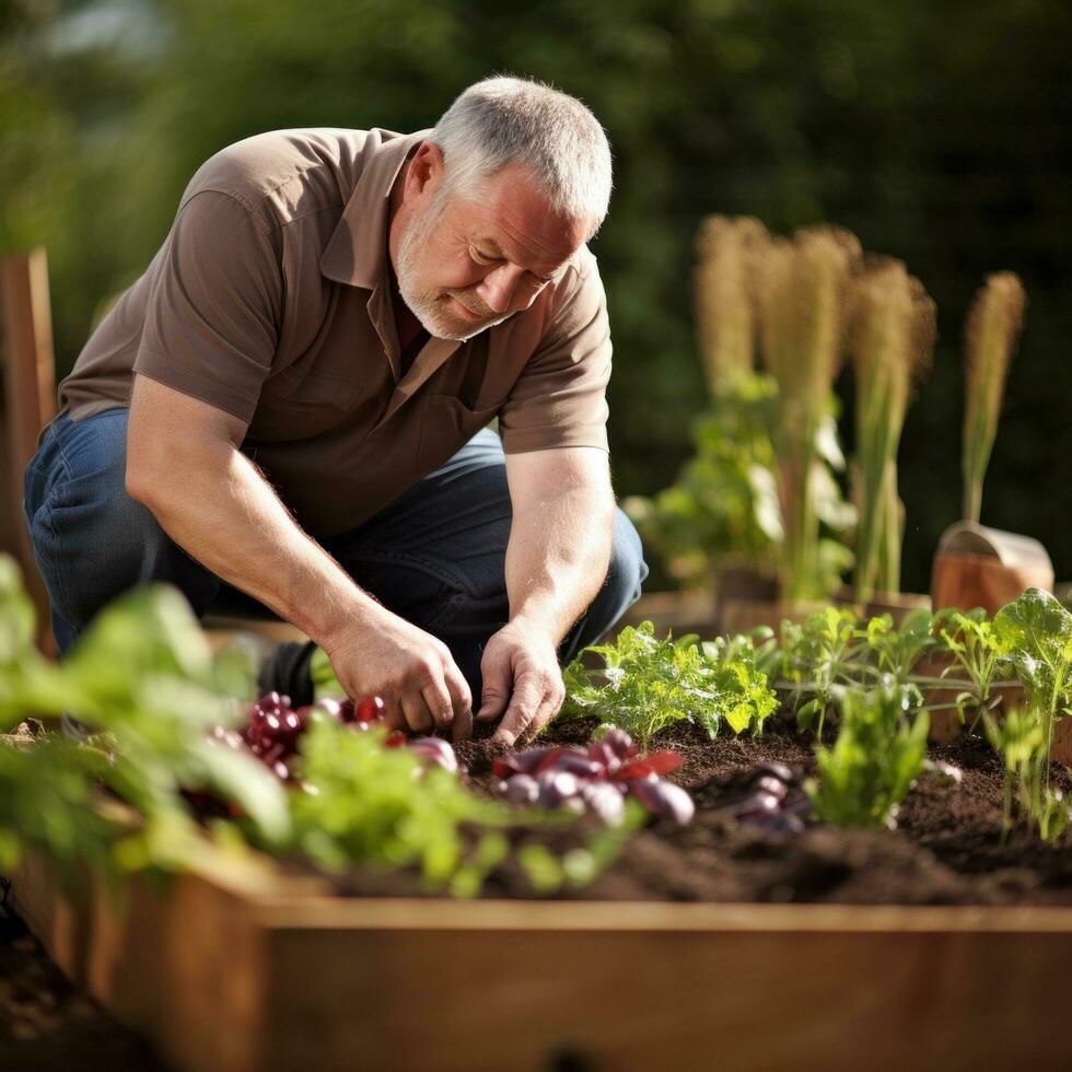 ai generado jardinero arrodillado en frente de un elevado jardín cama, plantando semillas foto