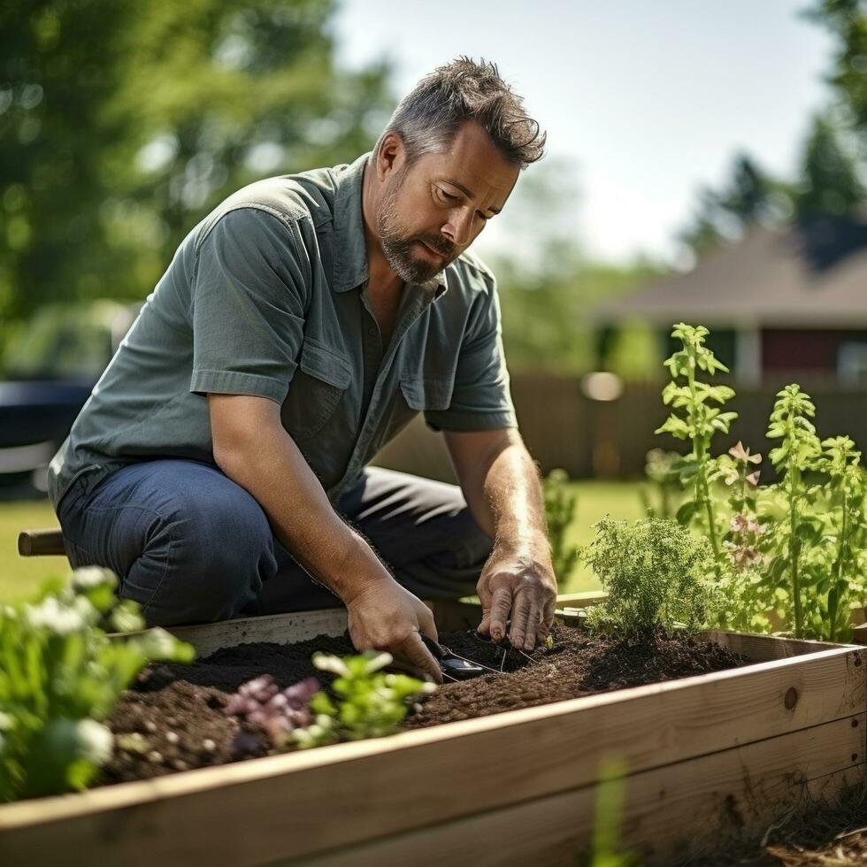 AI generated gardener kneeling in front of a raised garden bed, planting seeds photo