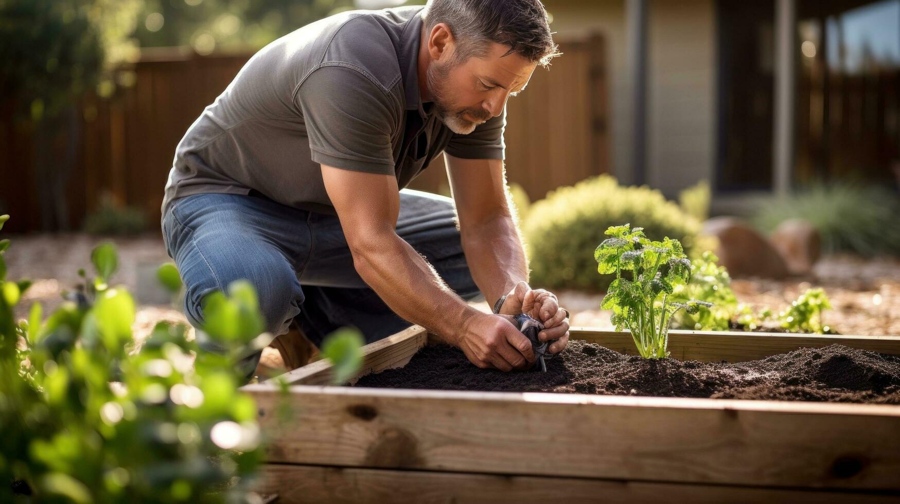 AI generated gardener kneeling in front of a raised garden bed, planting seeds photo