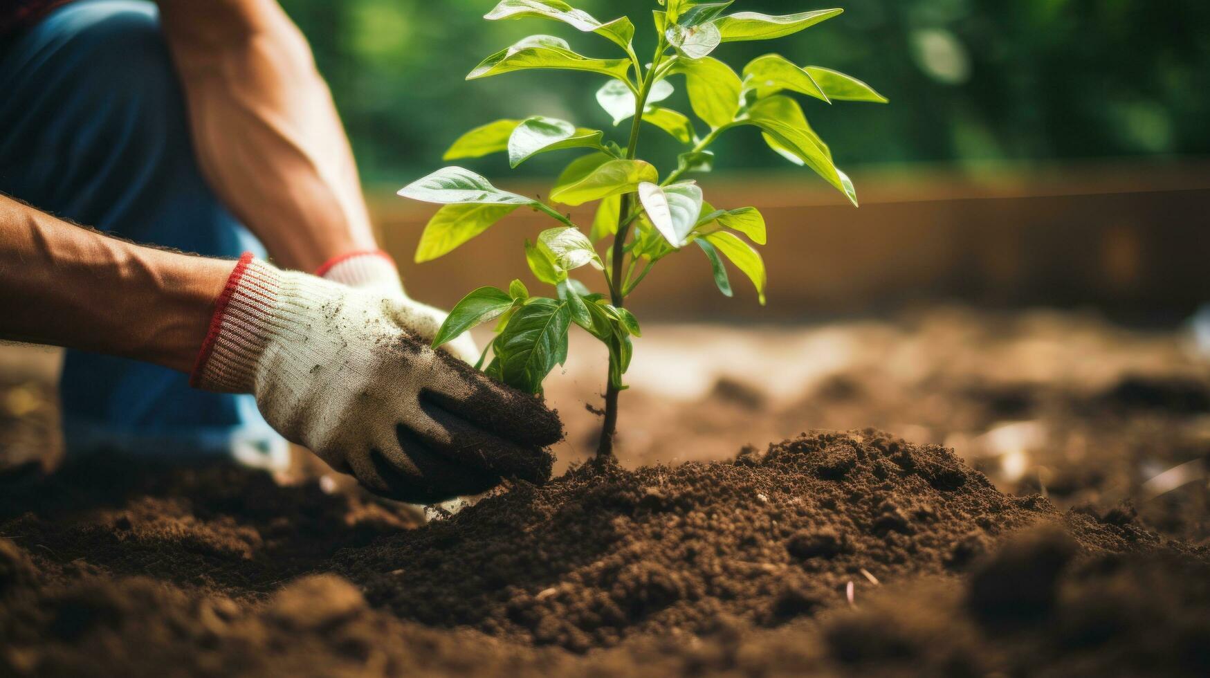 AI generated gardener using a trowel to plant a seedling in a pot with a vibrant, green background photo