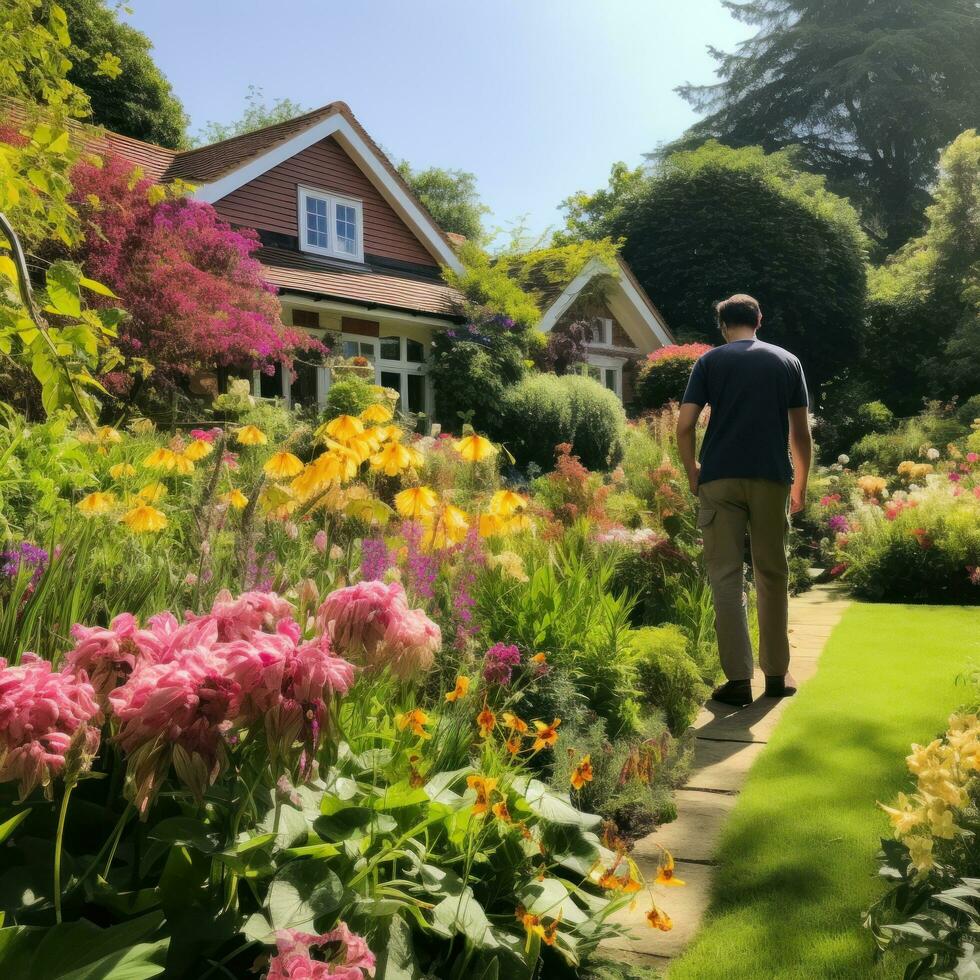 ai generado jardinero admirativo su jardín, en pie entre floreciente flores y lozano verdor foto