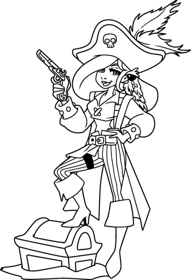 Pirate Girl Illustration Line Art vector