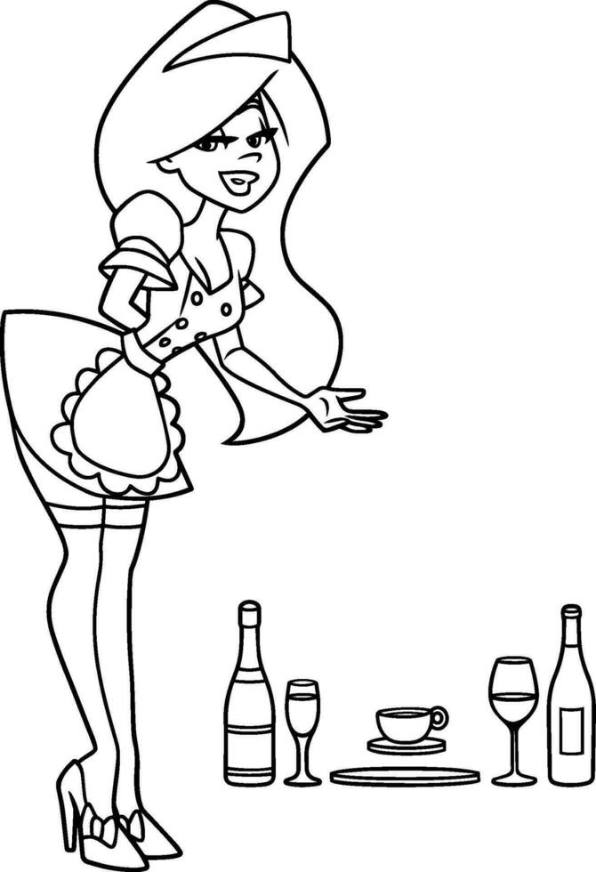 Maid Serving Drinks Line Art vector