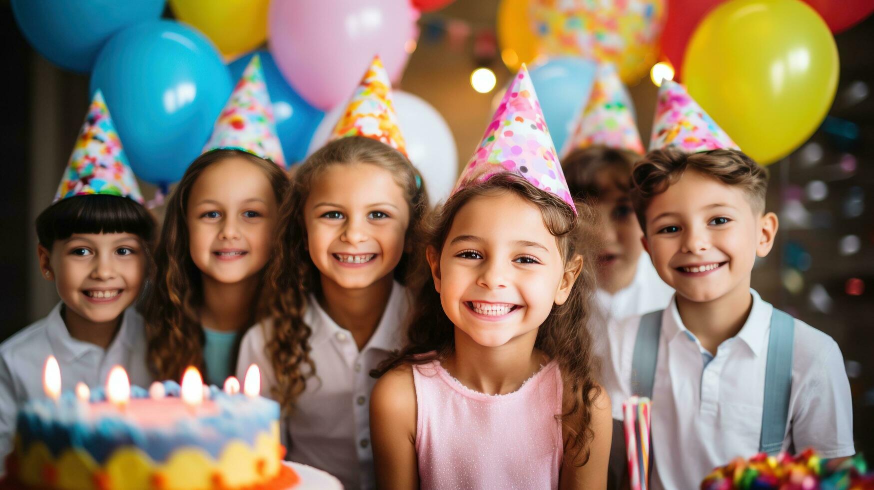 ai generado un grupo de sonriente niños vistiendo fiesta sombreros y participación vistoso globos, con un cumpleaños pastel foto