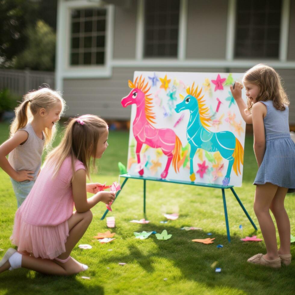 AI generated A group of kids playing fun and party games, such as pin the tail on the donkey or musical chairs photo