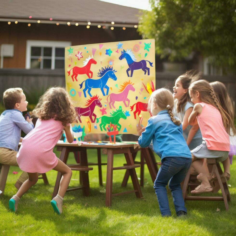 AI generated A group of kids playing fun and party games, such as pin the tail on the donkey or musical chairs photo