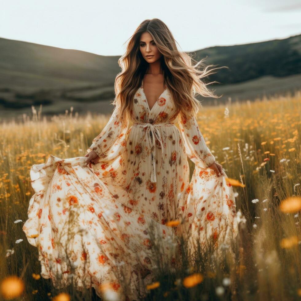 AI generated a woman wearing a flowing maxi dress, standing in a field of wildflowers photo