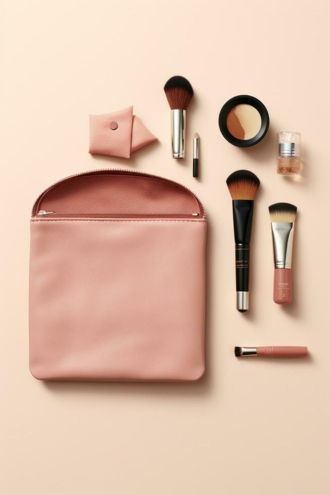 AI generated makeup pouch with carefully arranged products, showcasing the essentials for daily routine or travel photo