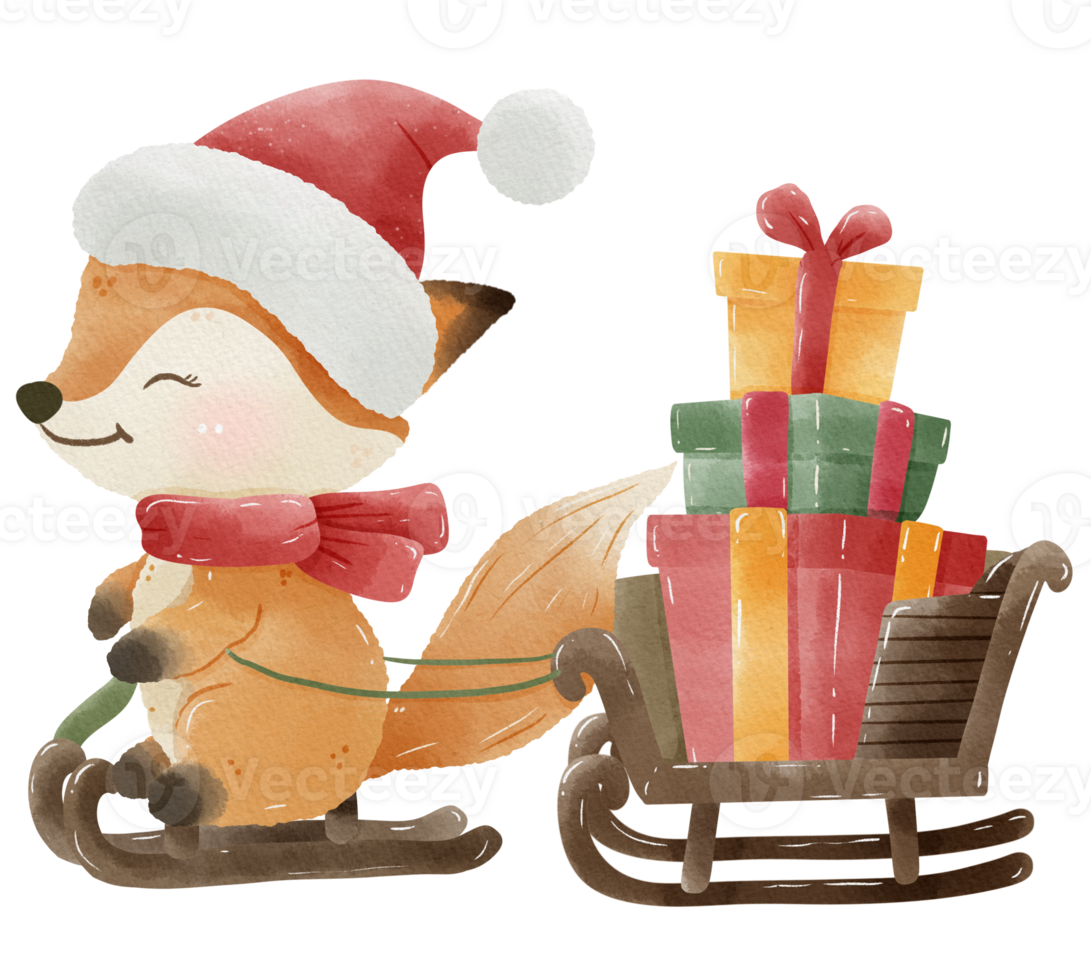 Watercolor woodland animals illustration hand drawn Fox with a christmas sleigh full with presents gifts christmas deco, printable, nursery, greeting cards, Holiday decoration and cute wild animal. png