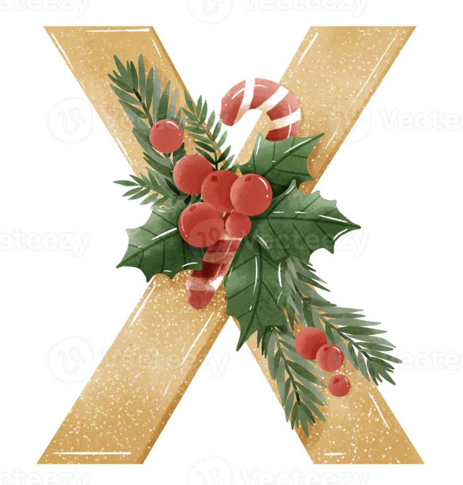 Watercolor Gold Christmas Winter forest Floral Alphabet with bell, pine, holy berry, Woodland botanical Floral letters set element for baby shower invite, wedding monogram initials png