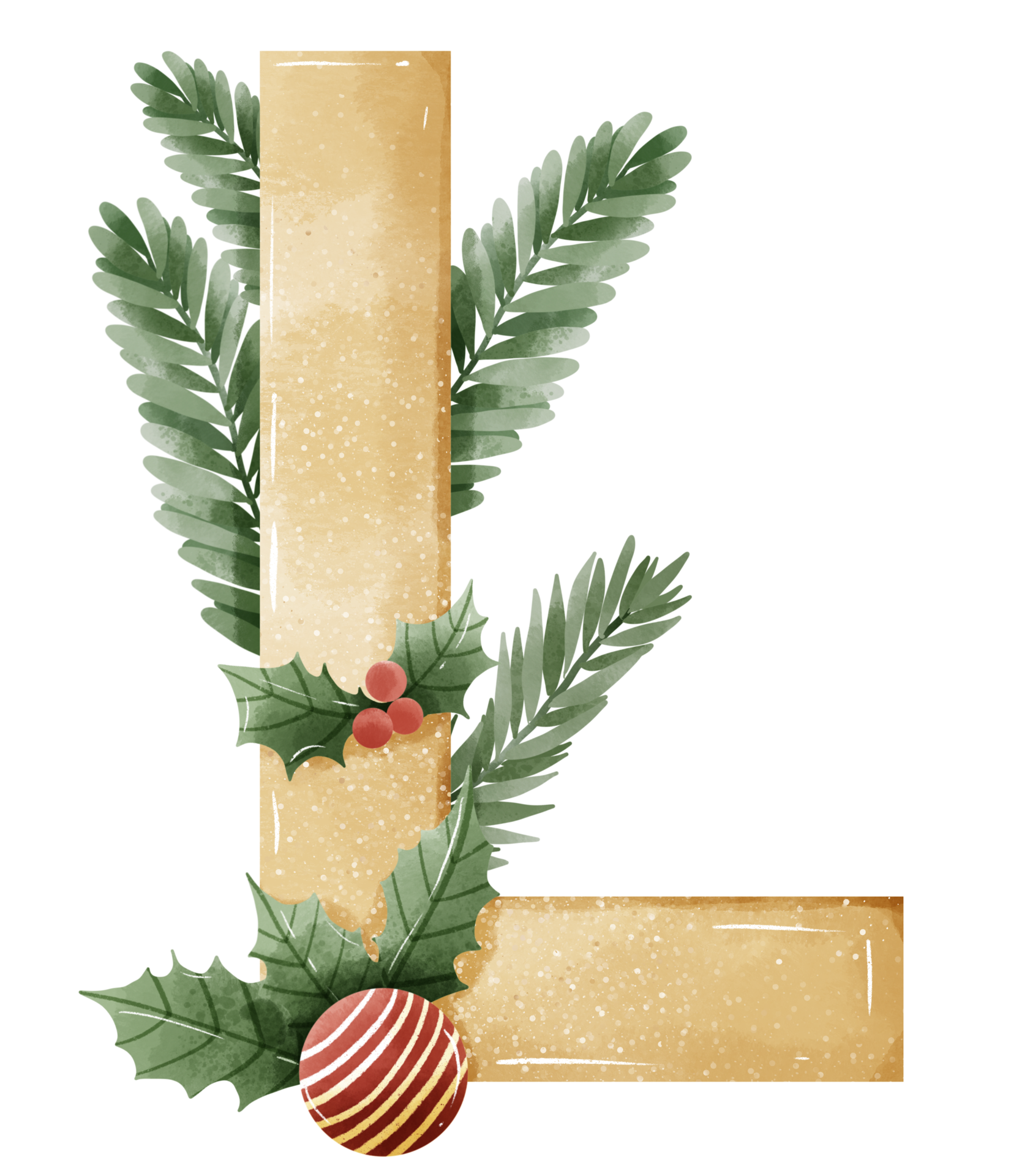 Watercolor Gold Christmas Winter forest Floral Alphabet with bell, pine
