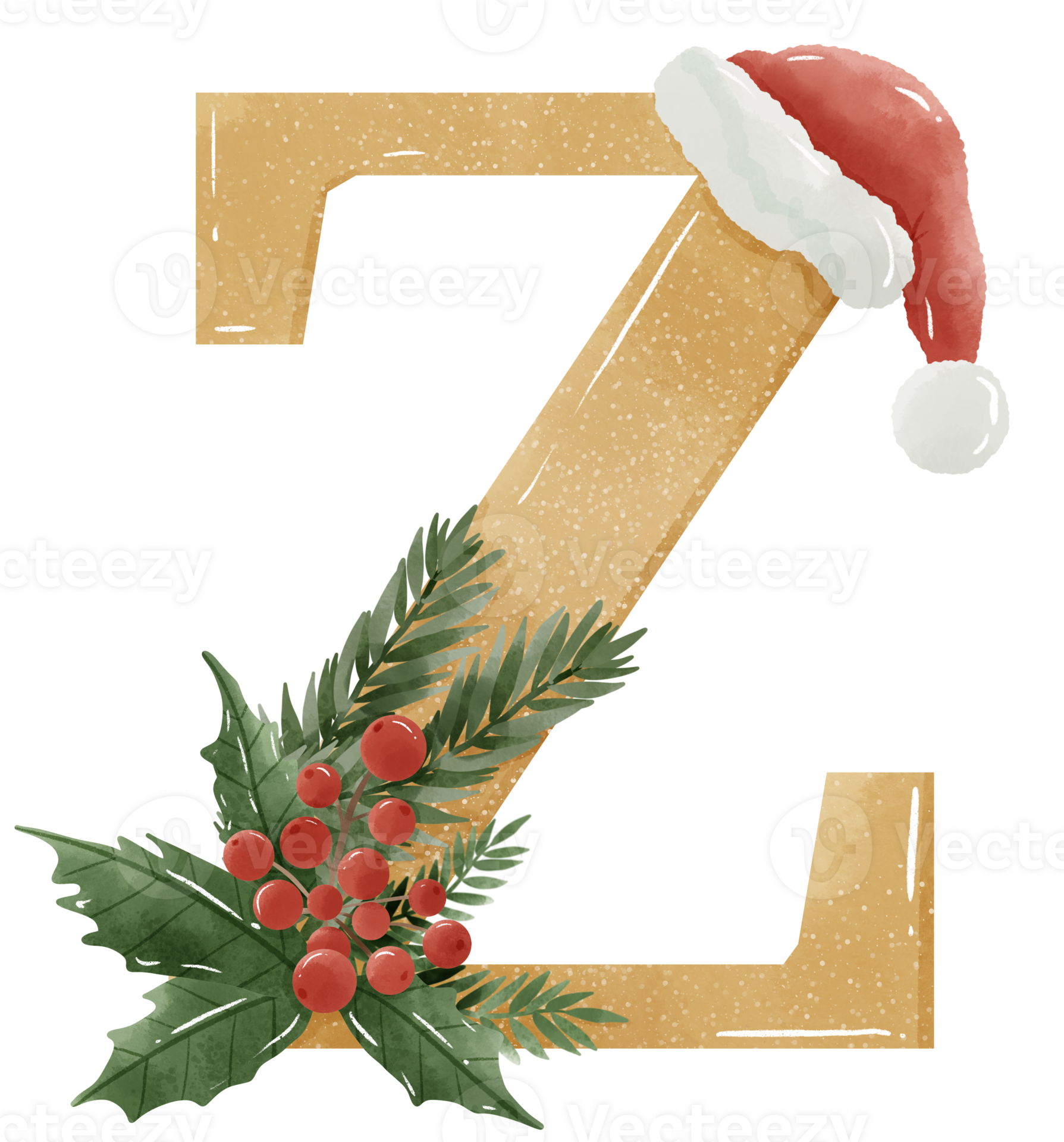 Watercolor Gold Christmas Winter forest Floral Alphabet with bell, pine