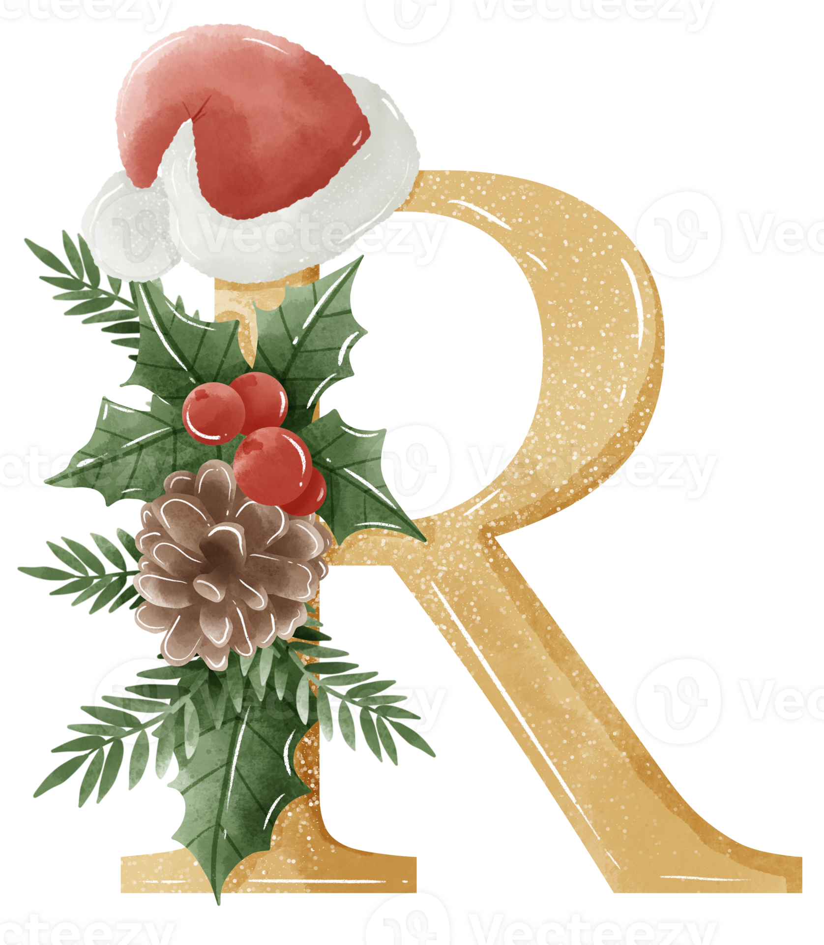Watercolor Gold Christmas Winter forest Floral Alphabet with bell, pine