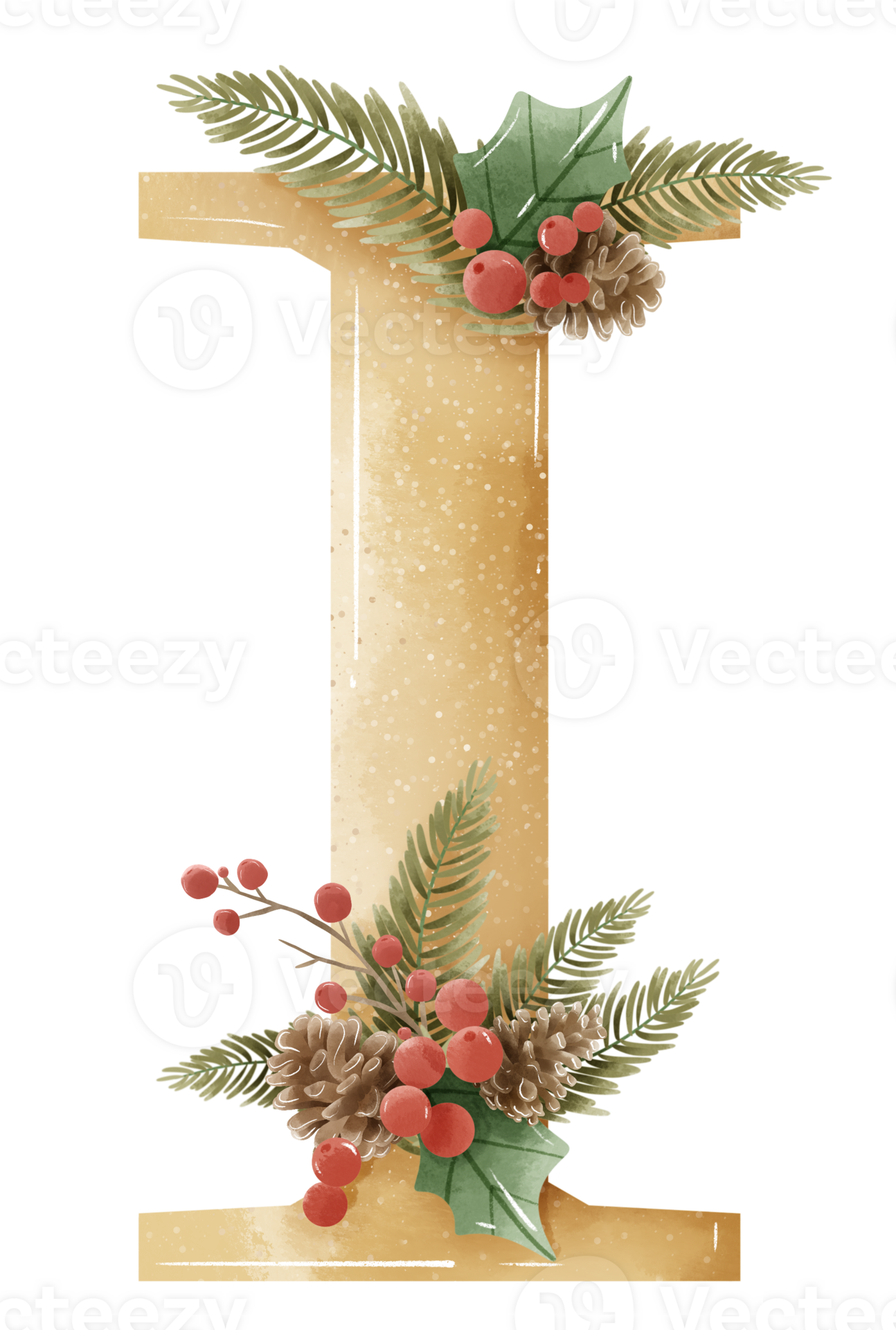 Watercolor Gold Christmas Winter forest Floral Alphabet with bell, pine