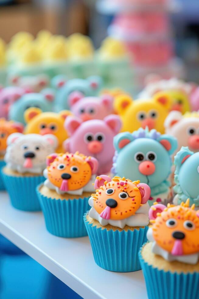 AI generated A close-up of cute animal-shaped cupcakes decorated in vibrant colors photo