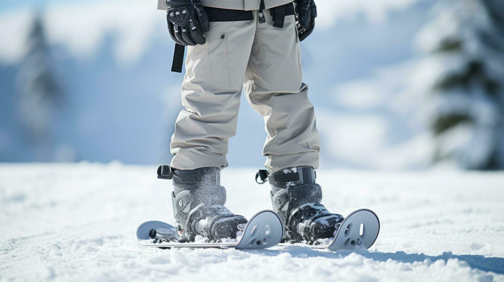 AI generated A close-up of a snowboarder's feet strapped into their board photo