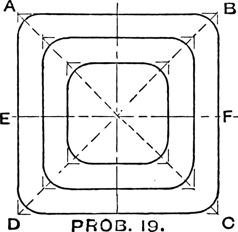 Mechanical Drawing Exercise Shading Sides of Inscribed Squares and Circle with Ink regular polygon vintage engraving. vector