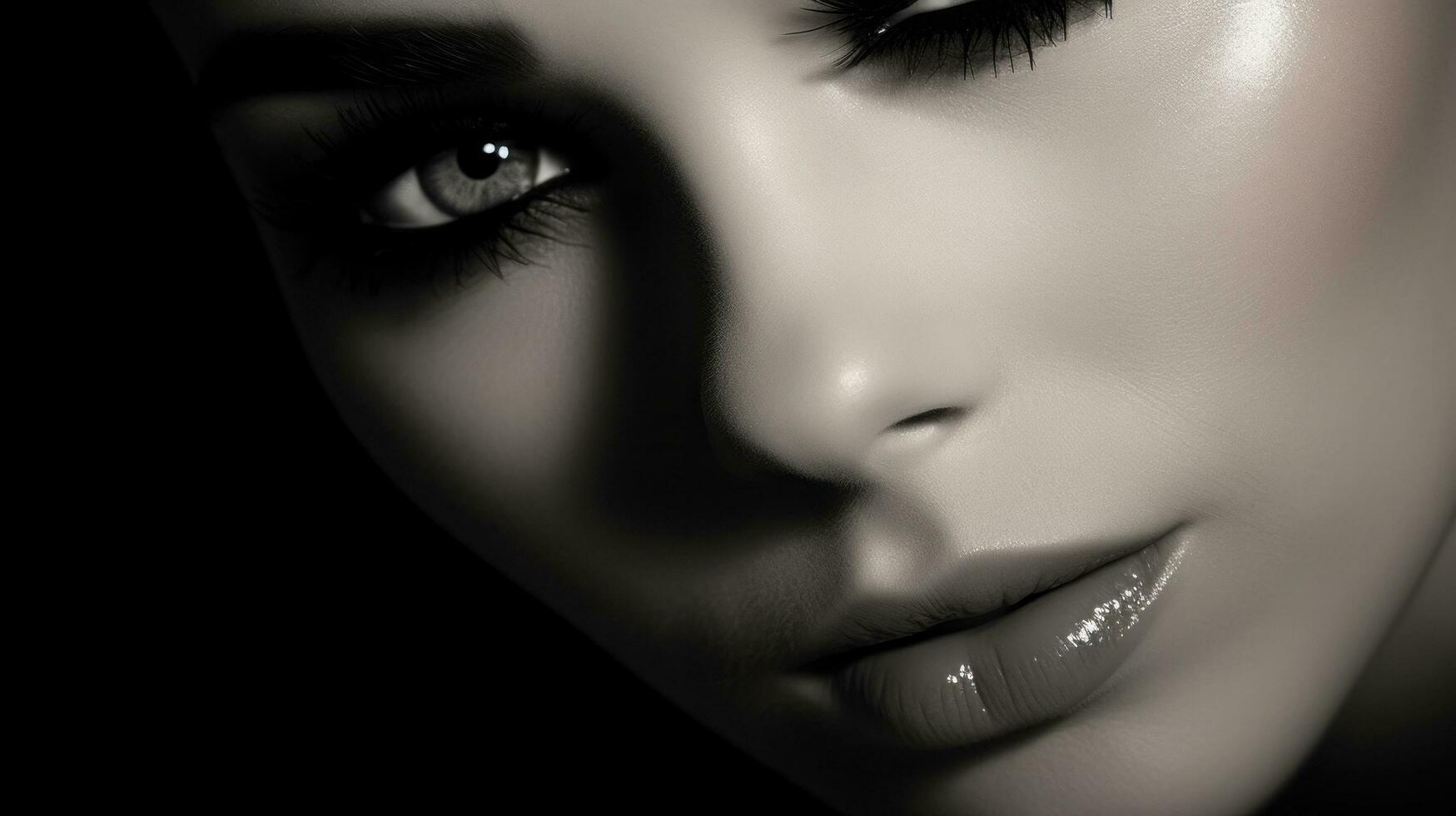 AI generated A black and white image of a model's face with a dramatic winged eyeliner and long lashes photo