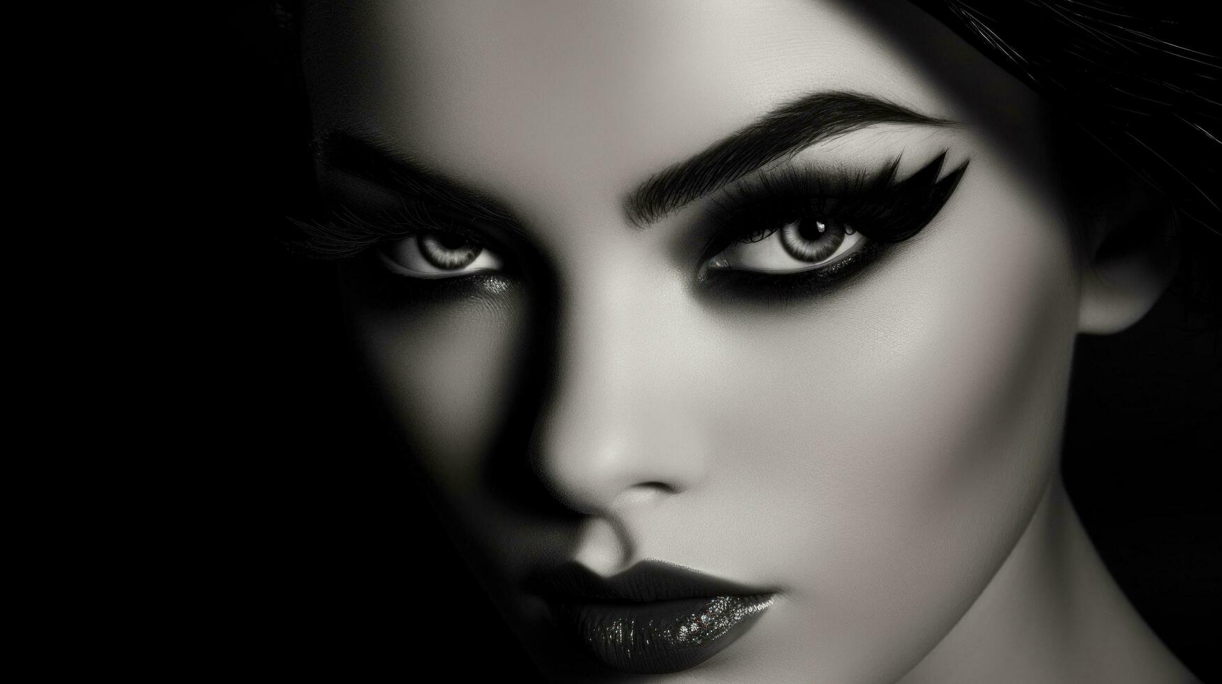 AI generated A black and white image of a model's face with a dramatic winged eyeliner and long lashes photo