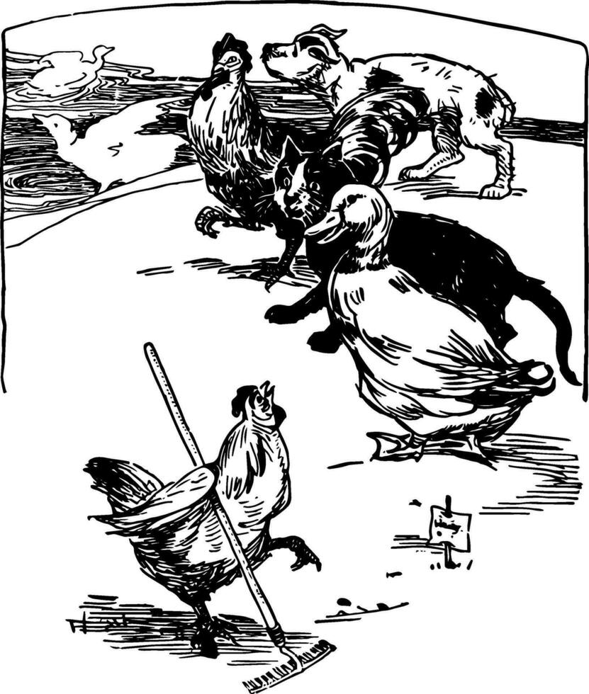 Hen Raking Barnyard with Animals Watching, vintage illustration vector