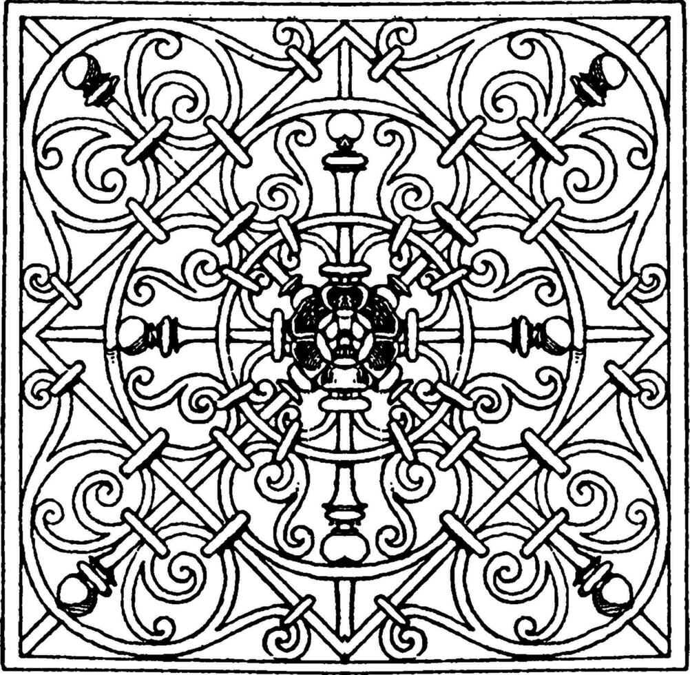 Wrought-Iron Square Panel design made by George Klain, vintage engraving. vector