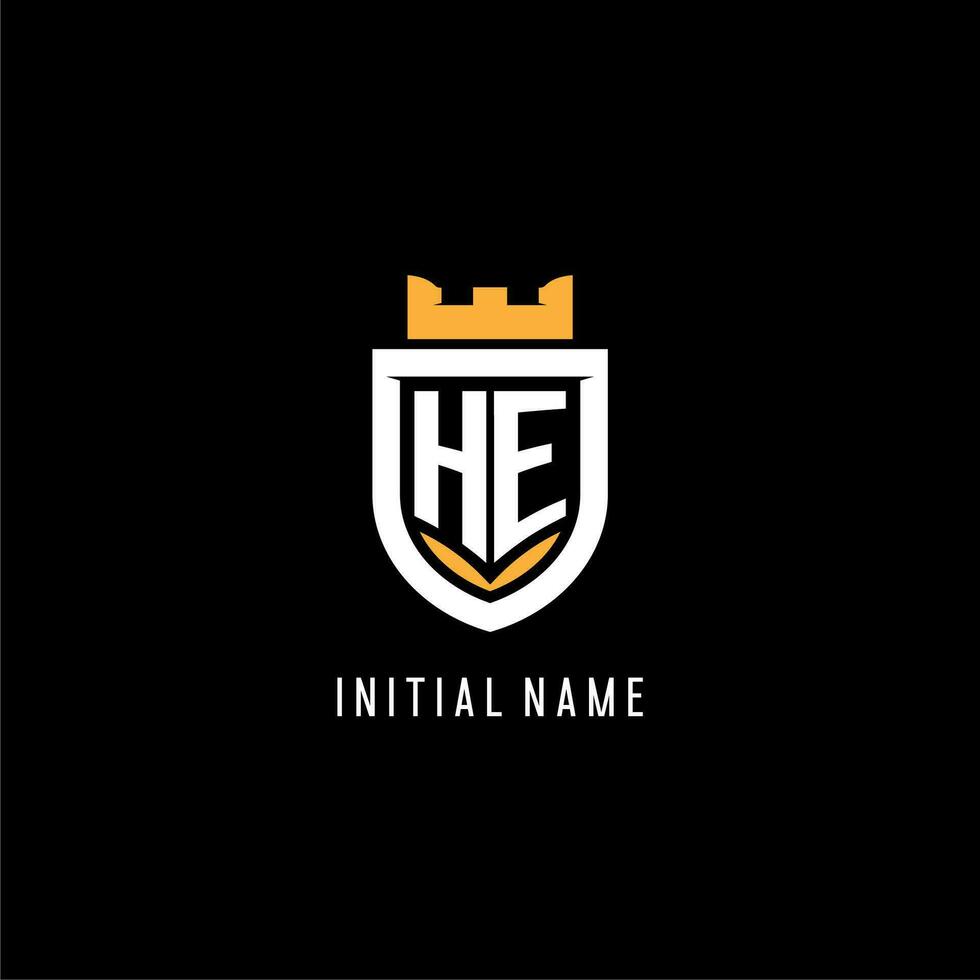 Initial HE logo with shield, esport gaming logo monogram style vector