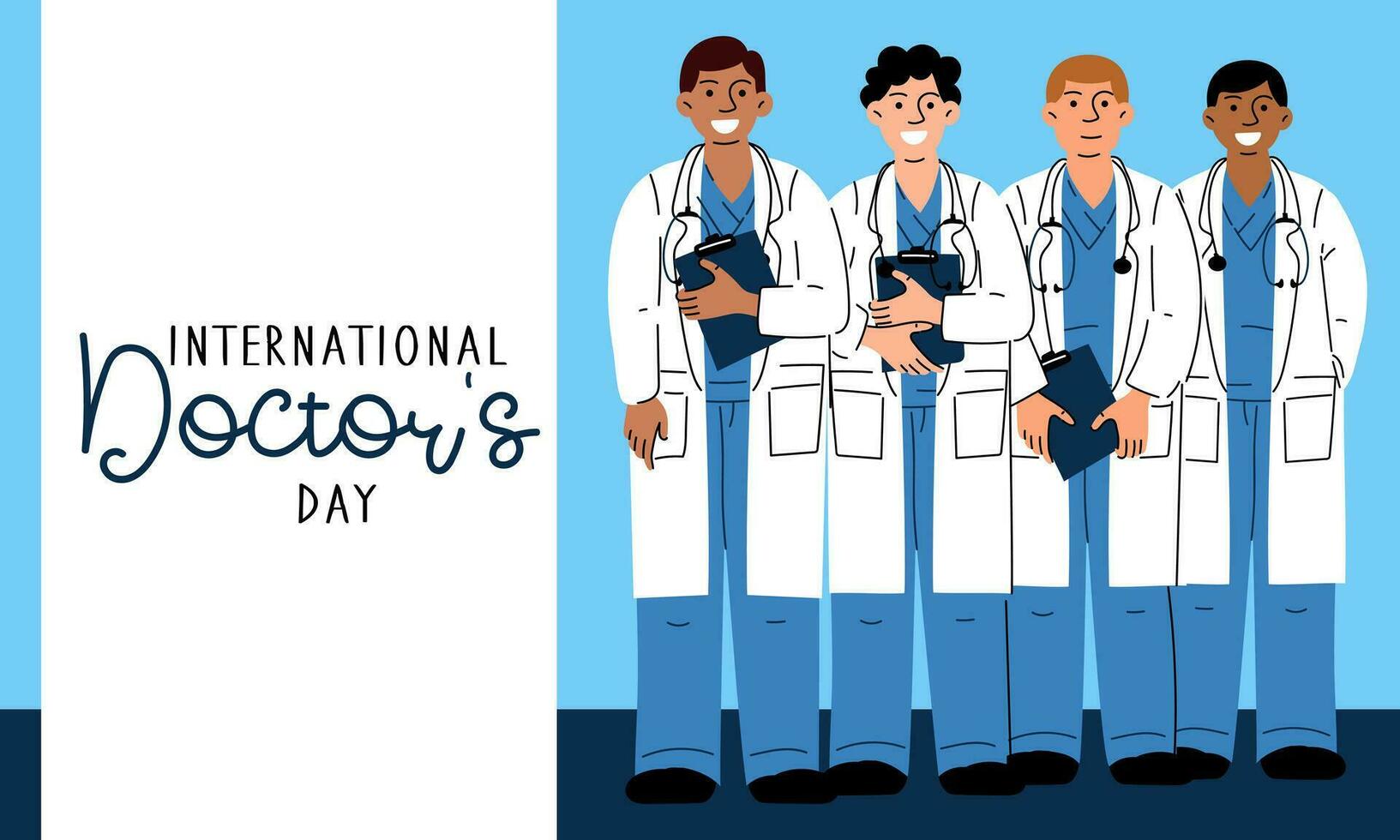 internacional día de doctores día festivo, saludos, texto. caracteres de diferente nacionalidades, diversidad. hombres con longitud total estetoscopios un tarjeta postal en un plano diseño. contento del doctor día. vector