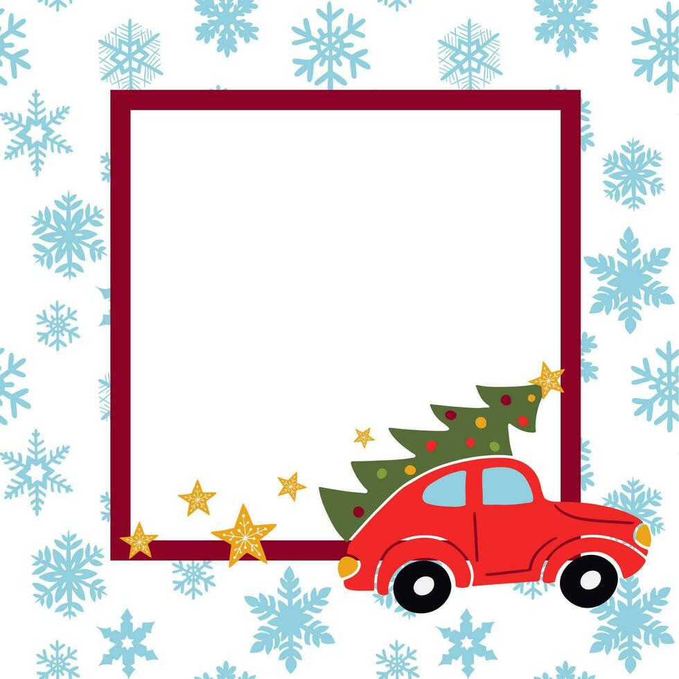 Flat Christmas frame template with Christmas tree and car. Square composition. Blue snowflakes on white background. Ideal for post, greeting card, invitation, social media, background vector