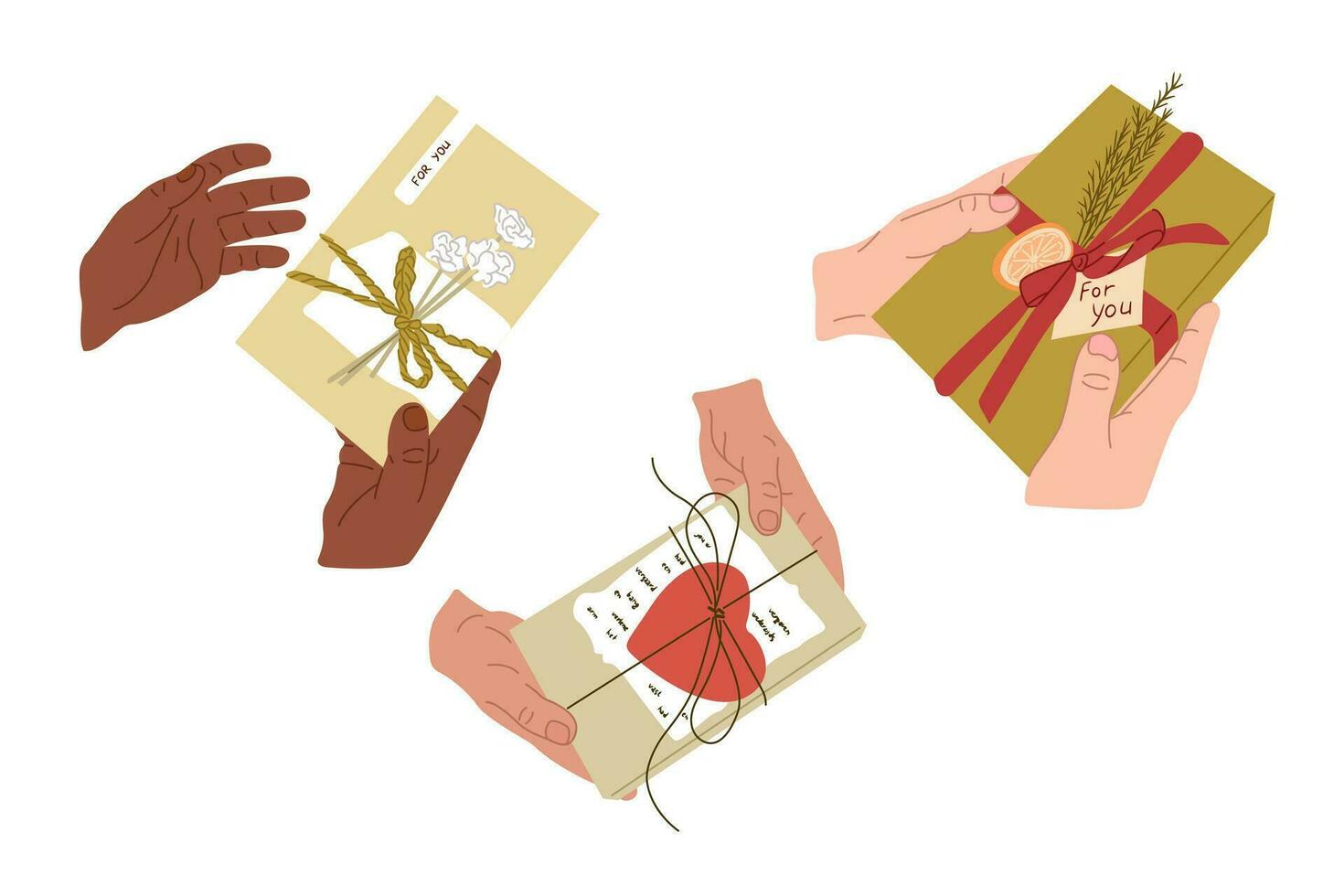 Diverse hand drawn hands with gift boxes. Different color skin hands giving wrapped presents in craft paper on holiday . Christmas, Valentines, birthday concept compositions vector