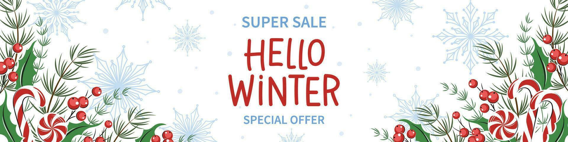 Hello winter sale horizontal banner, background decorated with different winter plants and sweets background. Vector illustration