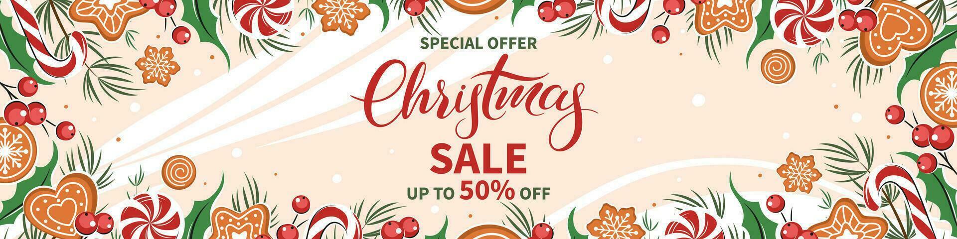 Christmas sale horizontal banner, background decorated with different winter plants, cookies and sweets background. Vector illustration