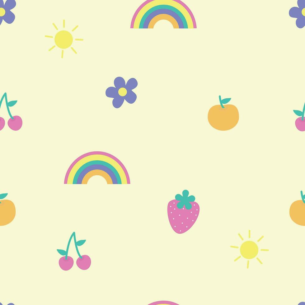 Hand drawn seamless pattern with cute rainbow, sun, flower, orange, strawberry, and cherry in pastel colors vector