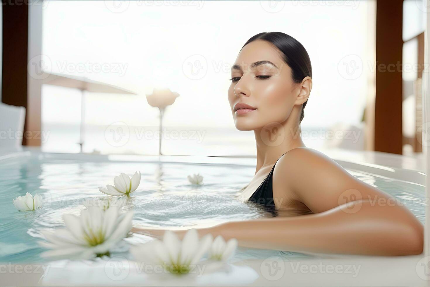 AI generated beautiful woman undergoing Therapy and bathing treatment in spa studio photo