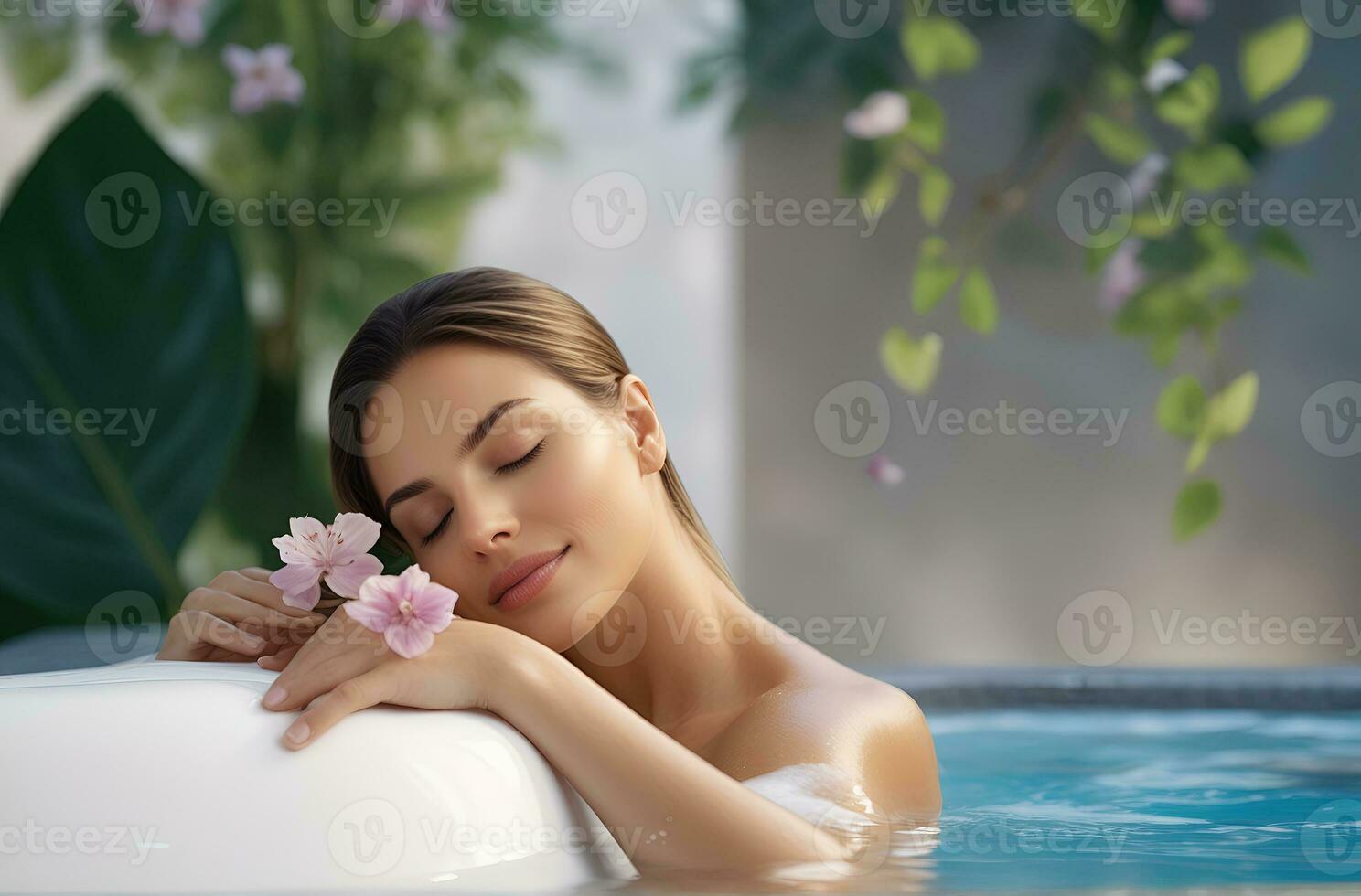 AI generated beautiful woman undergoing Therapy and bathing treatment in spa studio photo