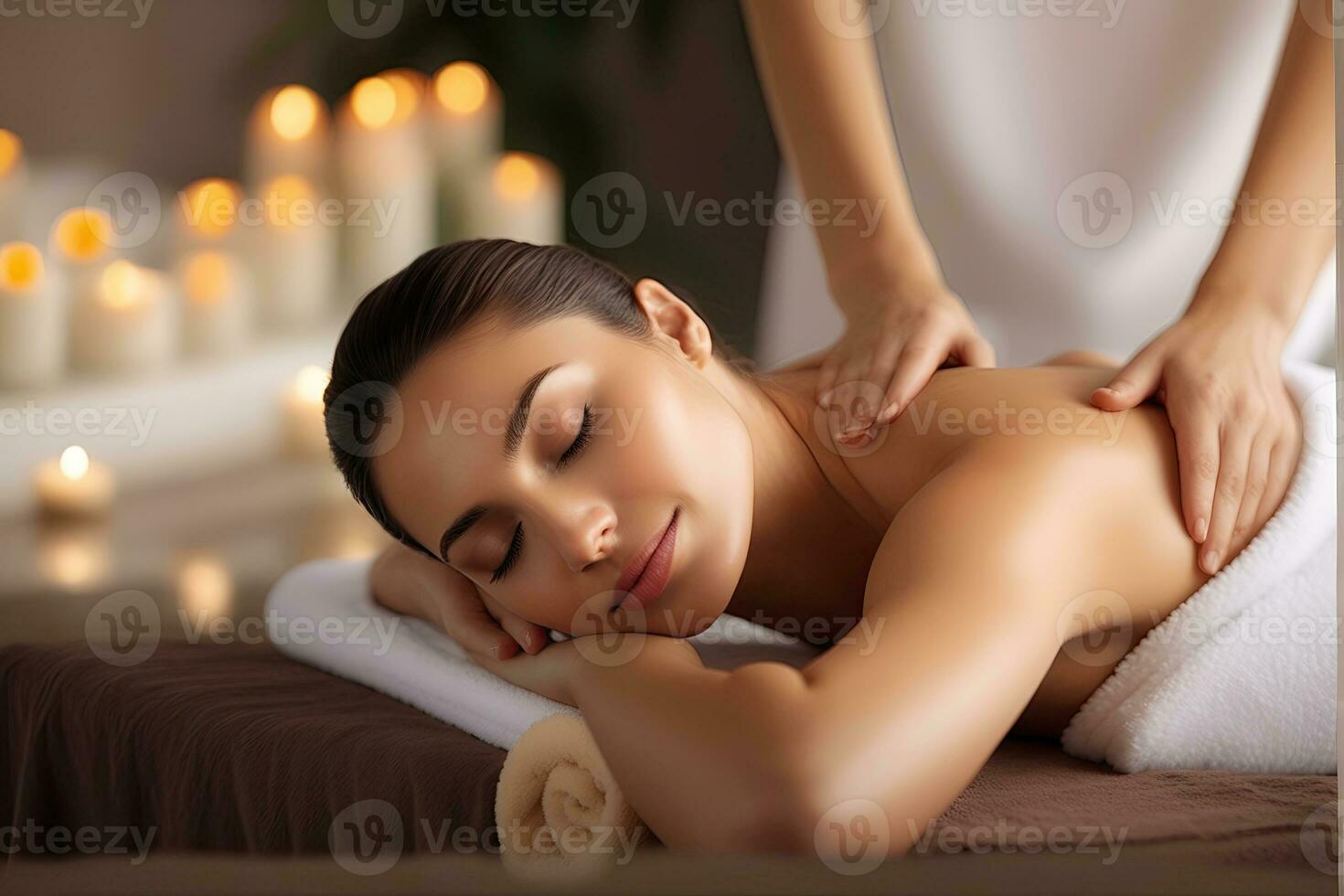 AI generated beautiful woman undergoing Therapy and bathing treatment in spa studio photo
